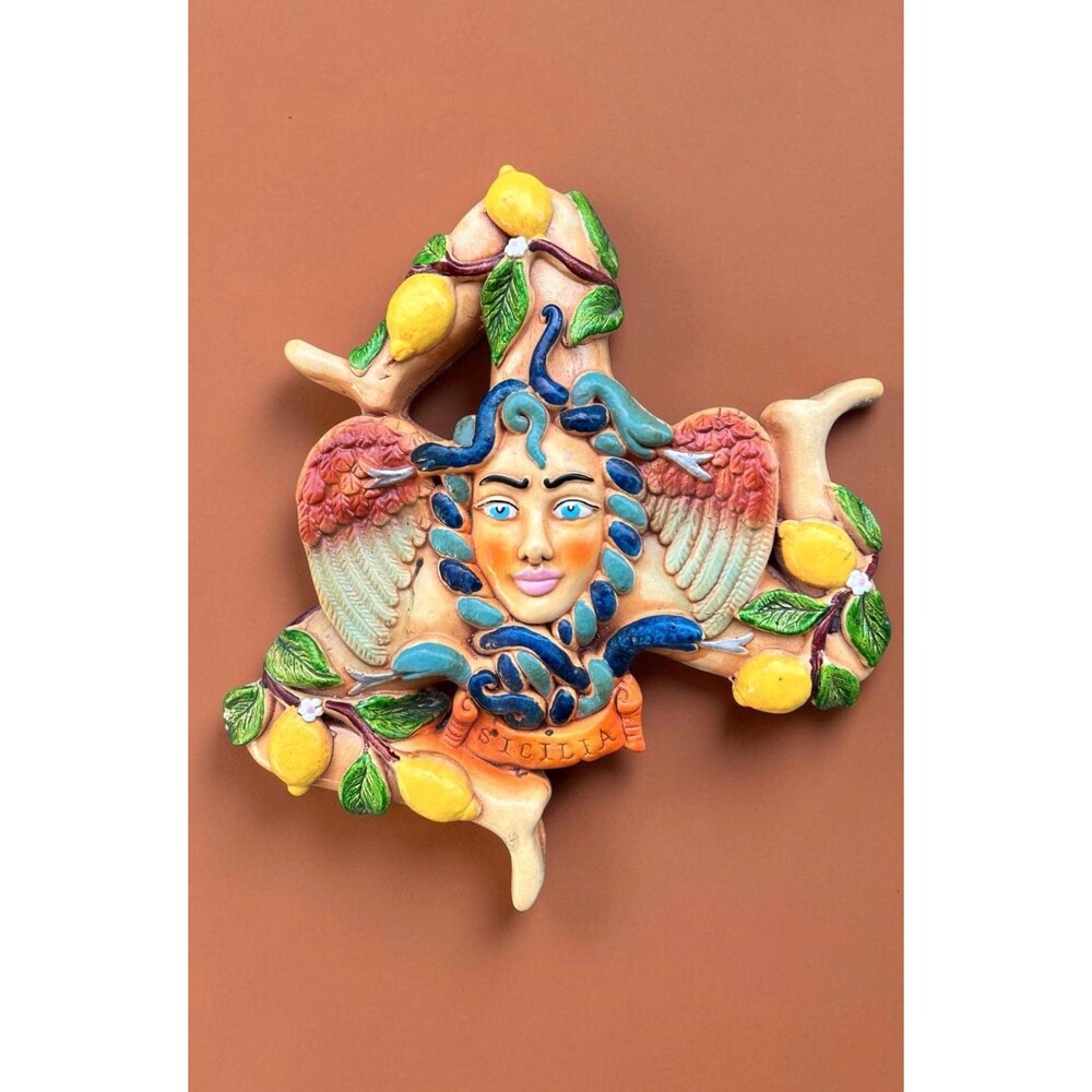 Handmade Sicilian Ceramic Trinacria Wall Plaque Medusa & Lemons Majolica Art
